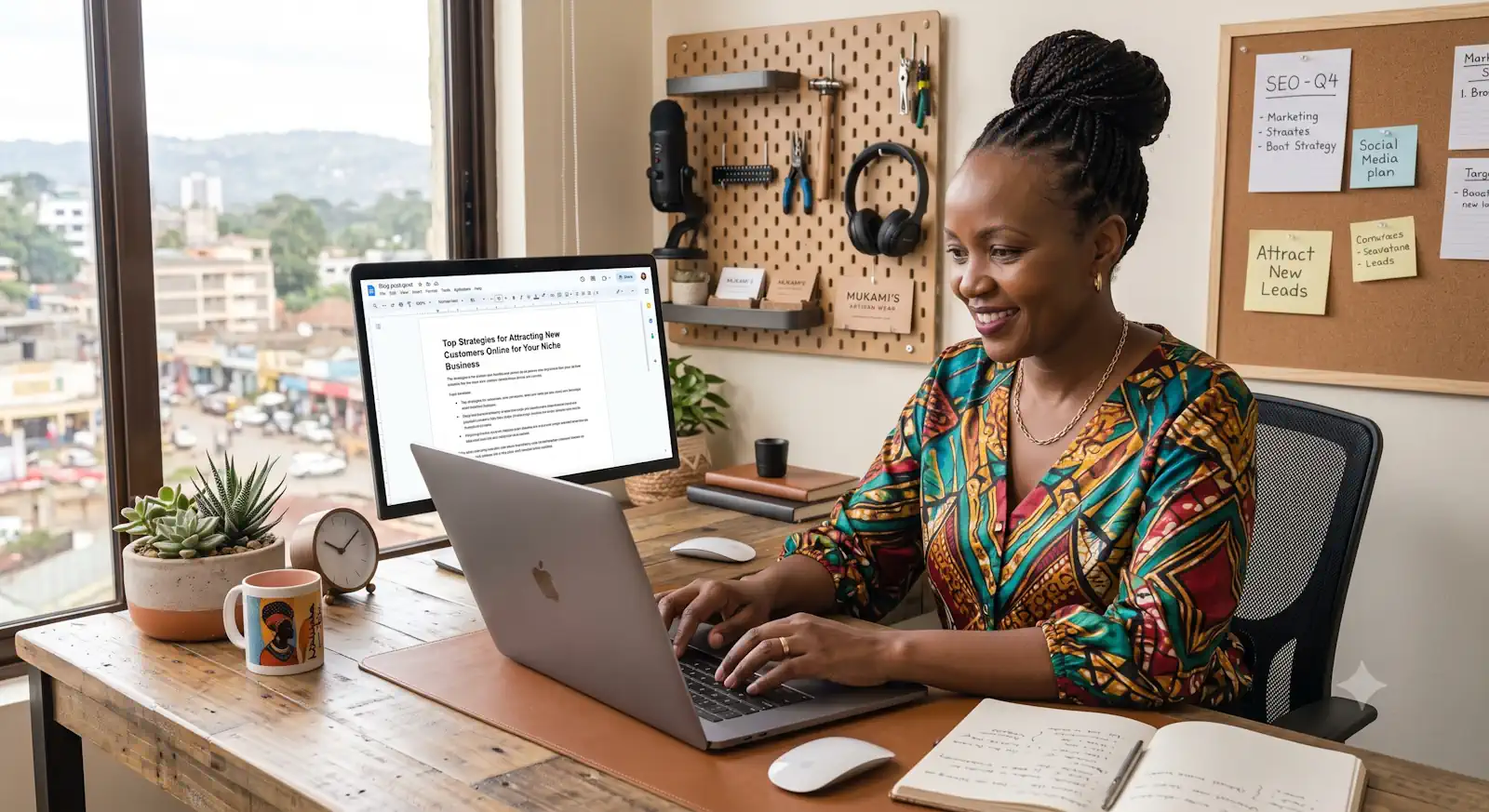 Business owner writing a blog article on a laptop to attract new customers online.
