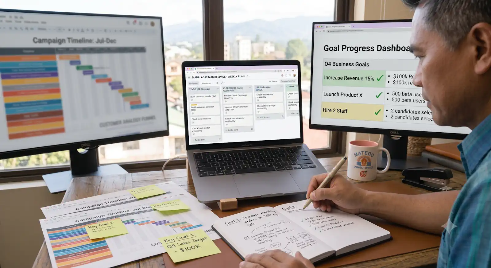 Small business owner setting clear business goals using a notebook, charts and laptop.
