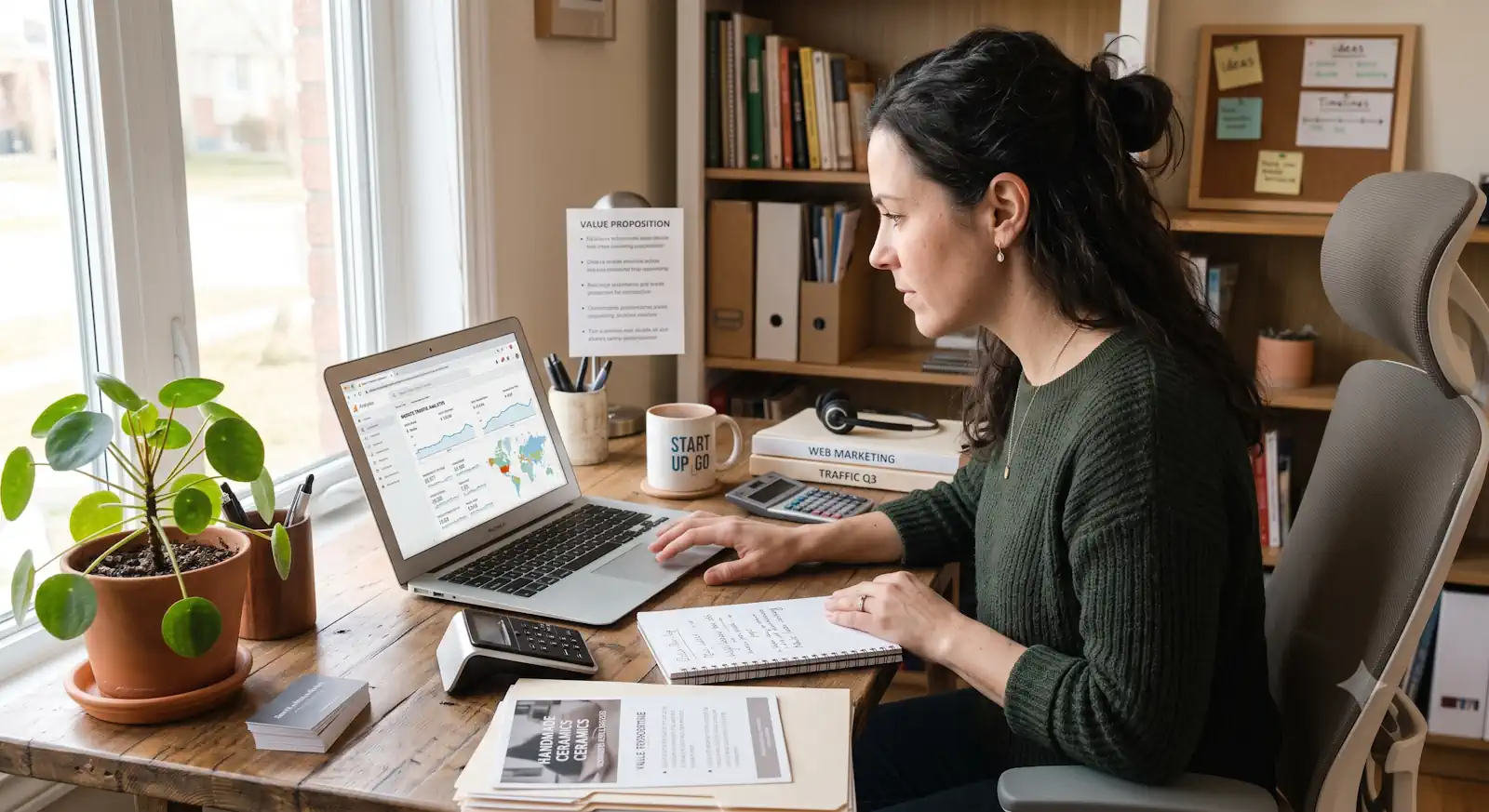 Small business owner analysing website traffic on a laptop in a home office.
