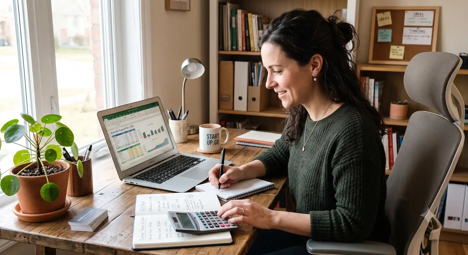 Person planning finances for a new home business with laptop, calculator and notebook.