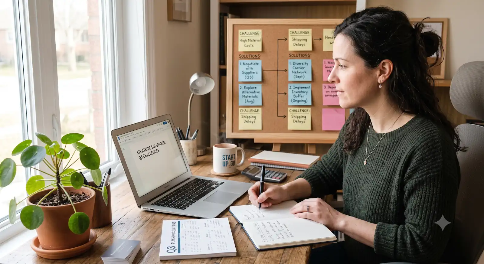 Small business owner working from a home office while planning solutions to business challenges.