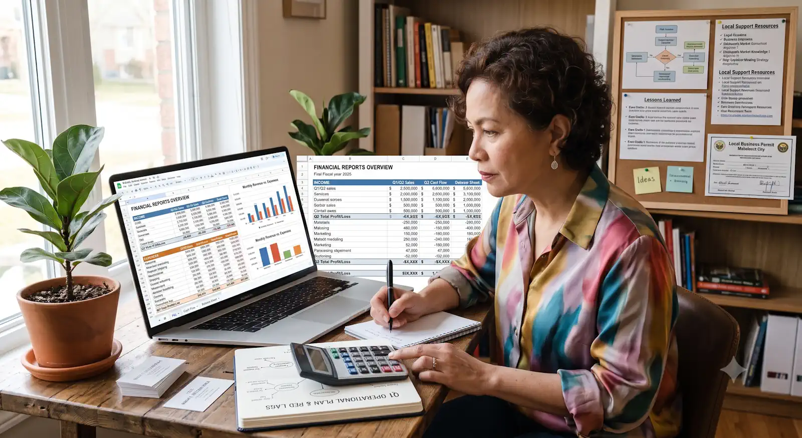 Small business owner reviewing income, expenses and financial reports at a home office desk.