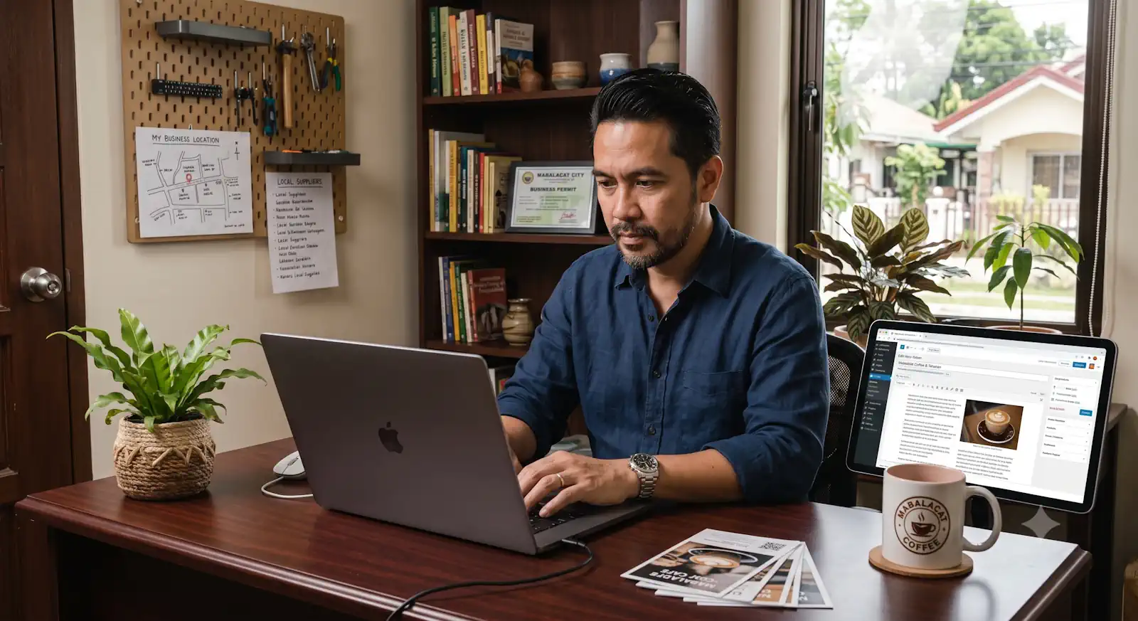 Small business owner managing their own business website from a home office.