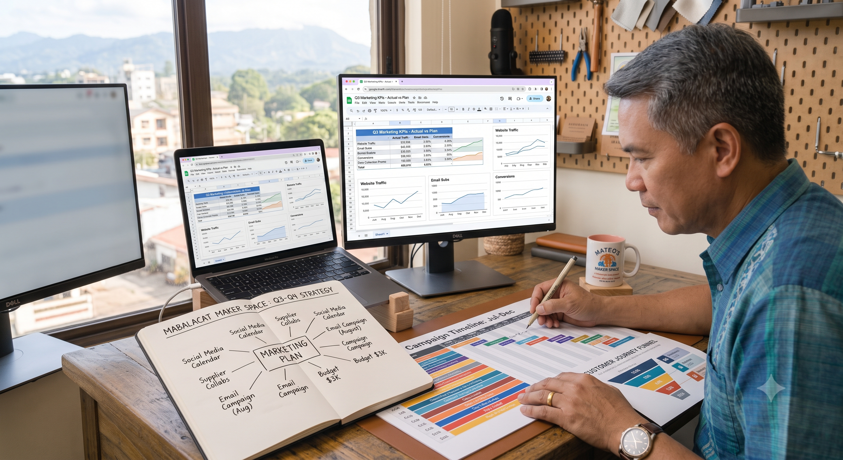 Small business owner planning a marketing strategy using notes, charts and a laptop.