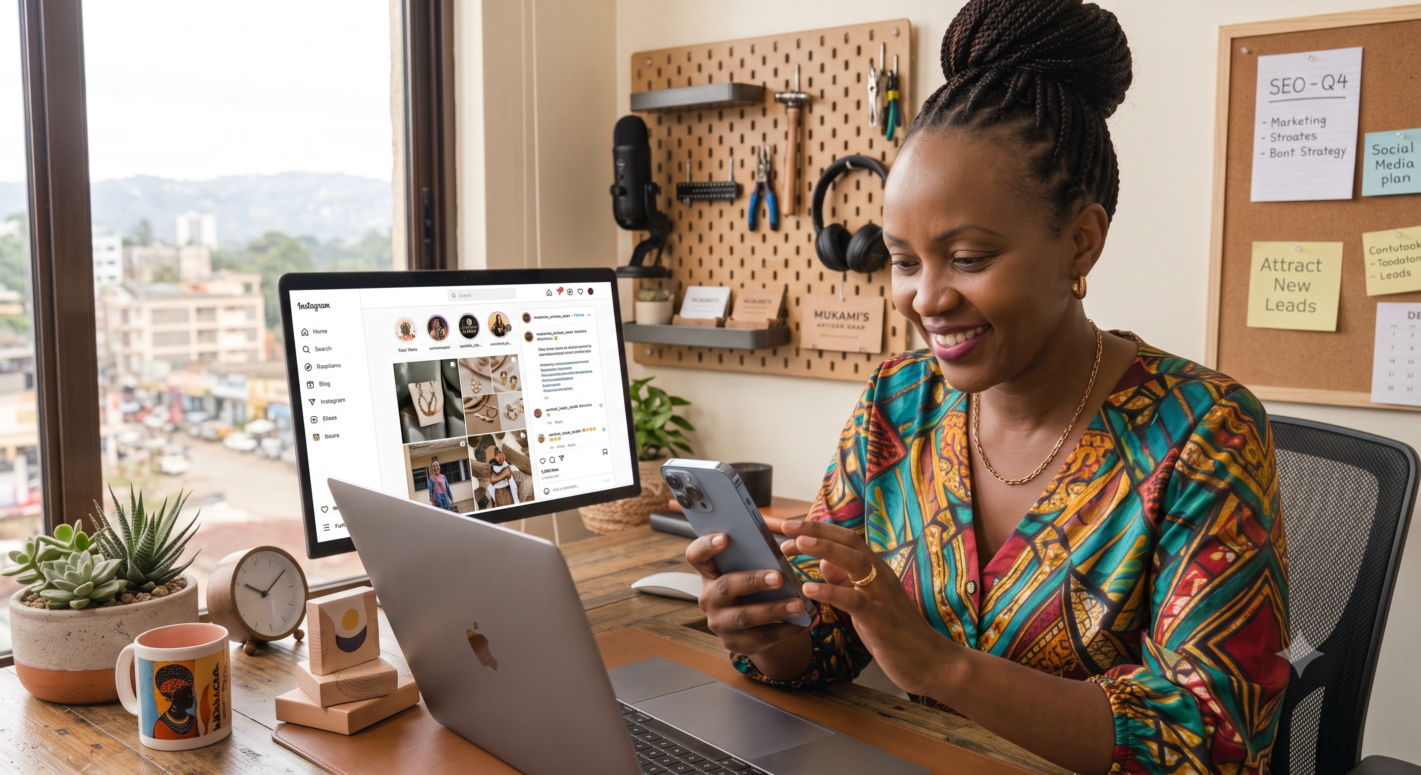 Small business owner creating engaging social media content using a laptop and smartphone.
