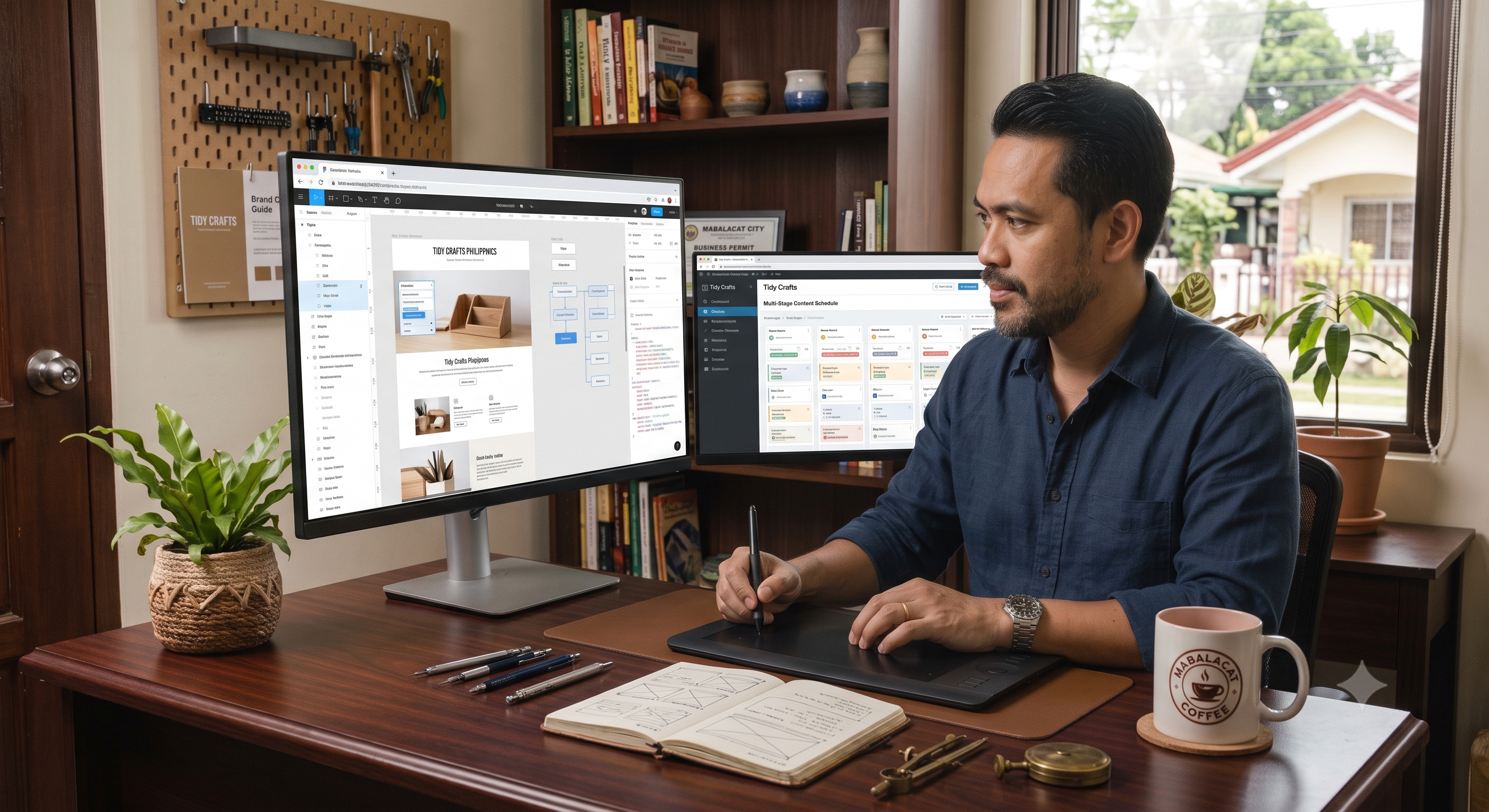 Home business owner working productively at a tidy desk with minimal distractions.