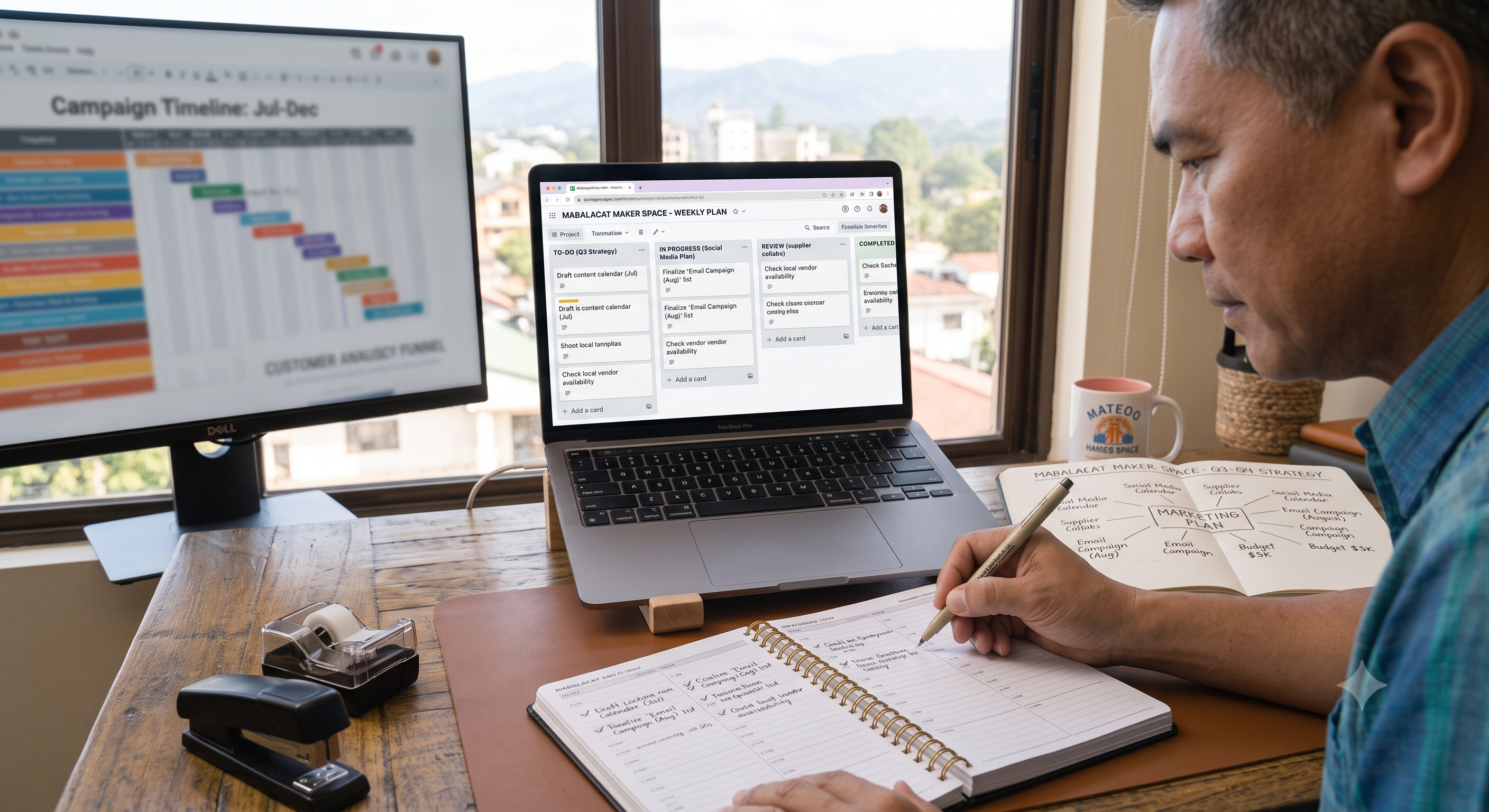 Small business owner organising daily tasks using a planner and laptop.